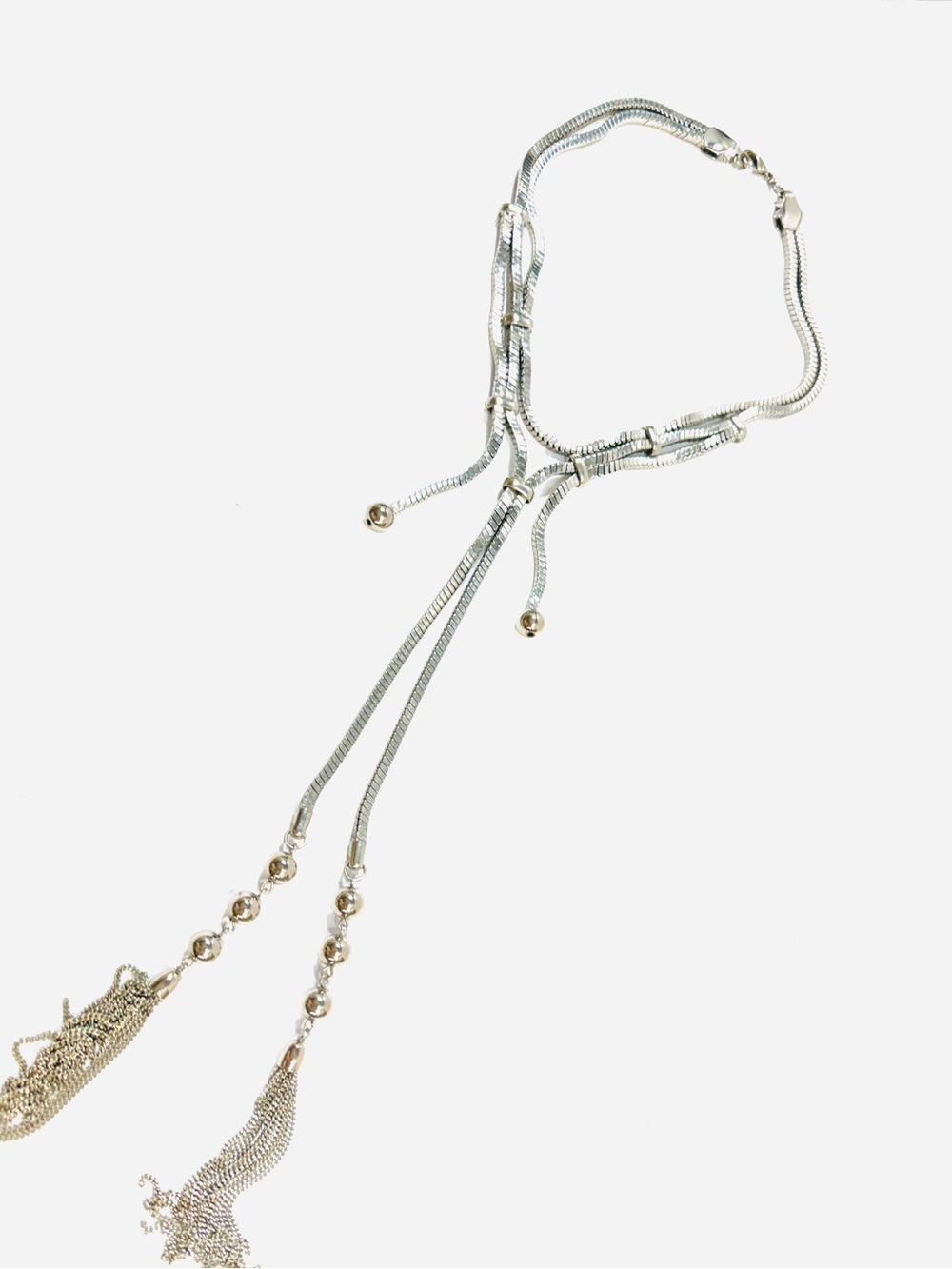 Chico’s Silver Layered Lariat Tassel Necklace 36” New - Picture 6 of 6